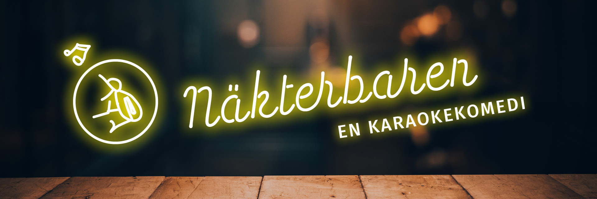 Näkterbaren-esityksen mainoskuva. Neonloisteputken näköisellä tekstillä kirjoitettu “Näkterbaren” jonka alla isoilla neonkirjaimilla “En karaokekomedi”. Vasemmalla puolella neonympyrän sisällä ääriviivat istuvasta lintu. Ympyrän ulkopuolella on neonvärinen nuotti joka näyttää tulevan lauluna linnun suusta.