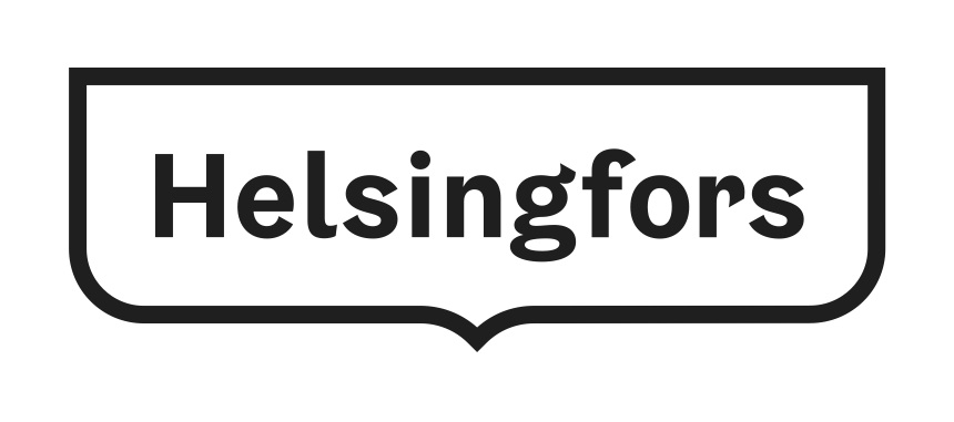 Helsingin kaupungin logo. Helsingfors stad-tekstin ympärillä on leveän vaakunan muotoinen musta reunus. 