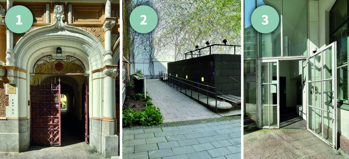 A collage of three pictures: picture of a metal gate (number one), picture of the an accessible route at the courtyard (number 2), picture of a glass door (number 3)