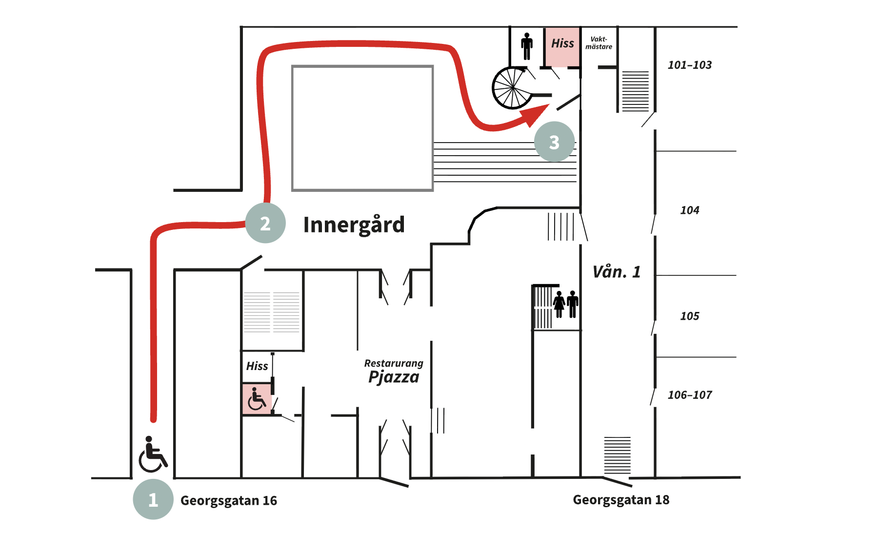 a map showing the wheelchair route on the courtyard