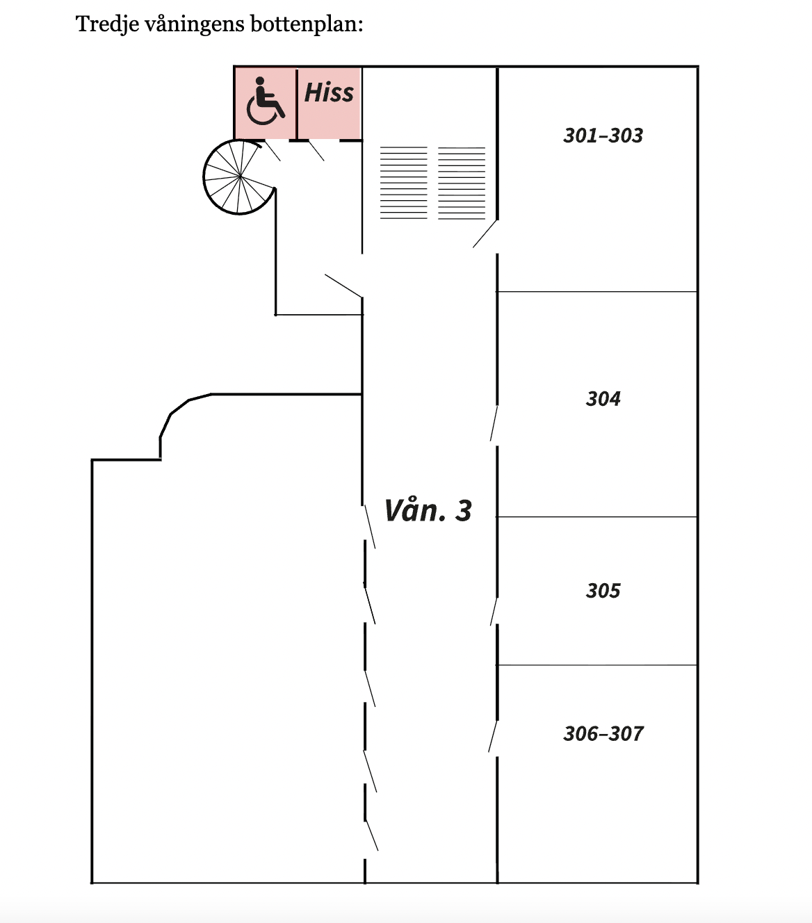 Map of the third floor showing the accessible restroom up in the left corner.