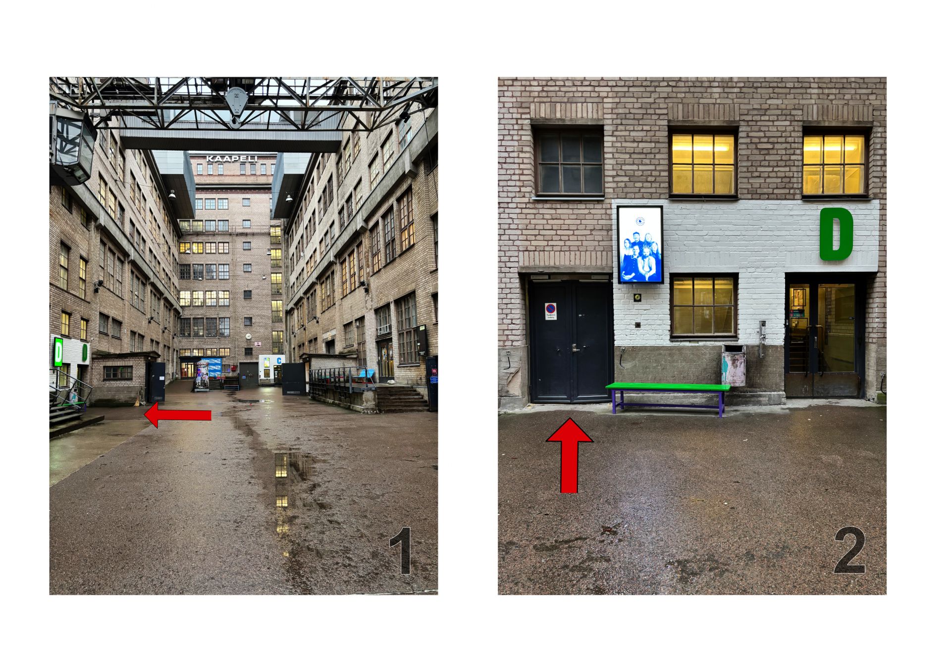 Två bilder bredvid varann. Bild 1: Innergården vid Kabelfabriken, omgiven av tegelbyggnader. En röd pil visar åt vänster mot D-trappan. Bild 2: D-trappans ingång i Kabelfabriken, en röd pil visar mot den svarta hissdörren bredvid dörren märkt med ett grönt D.